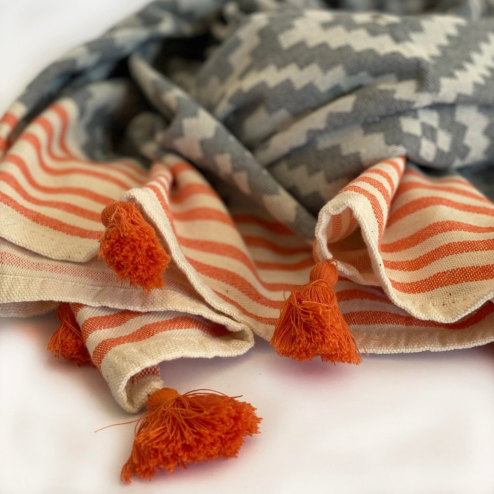 39" X 71" Gray and Orange Cotton Geometric Turkish Towel Throw Blanket with Tassels
