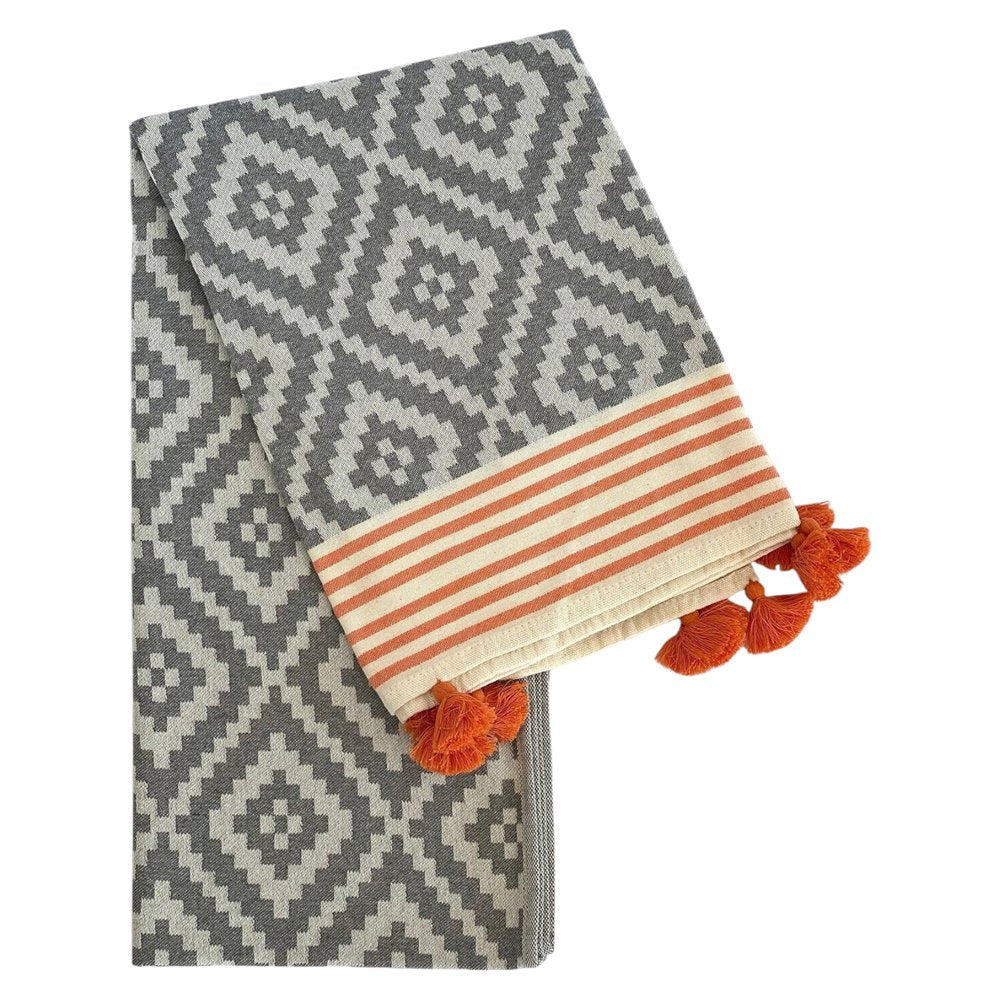 39" X 71" Gray and Orange Cotton Geometric Turkish Towel Throw Blanket with Tassels
