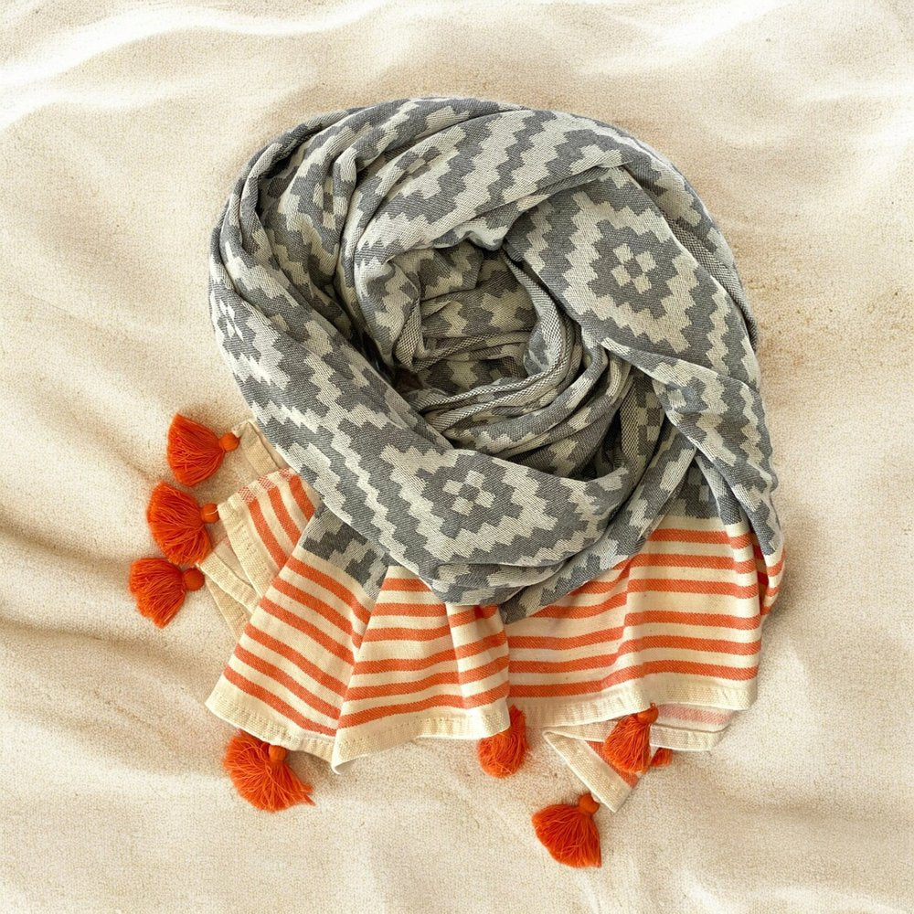 39" X 71" Gray and Orange Cotton Geometric Turkish Towel Throw Blanket with Tassels