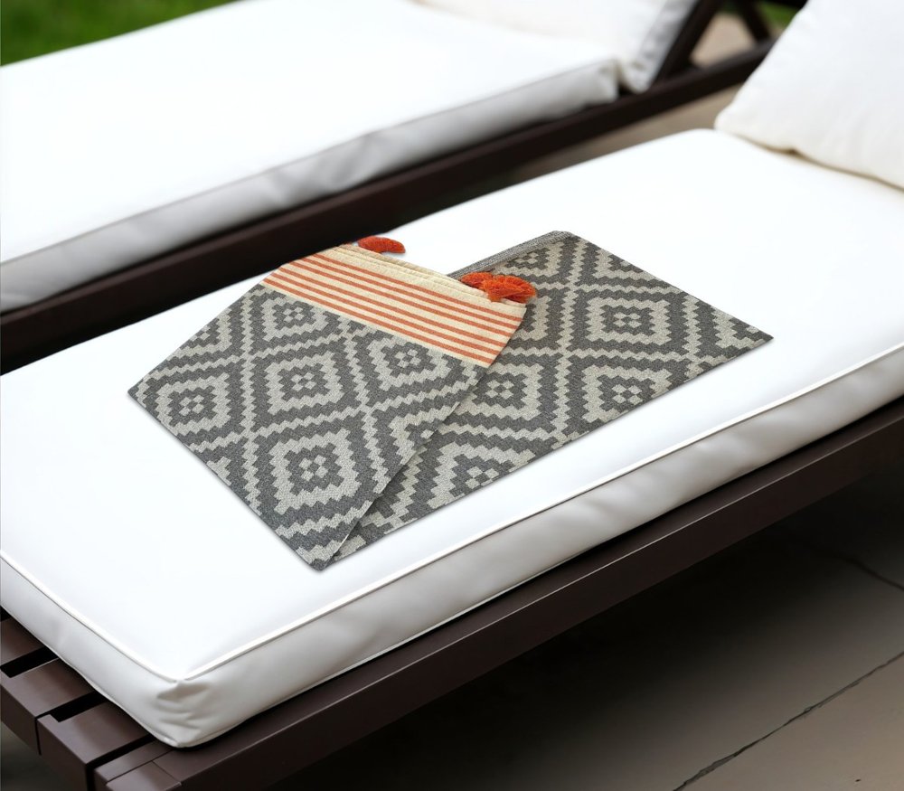 39" X 71" Gray and Orange Cotton Geometric Turkish Towel Throw Blanket with Tassels