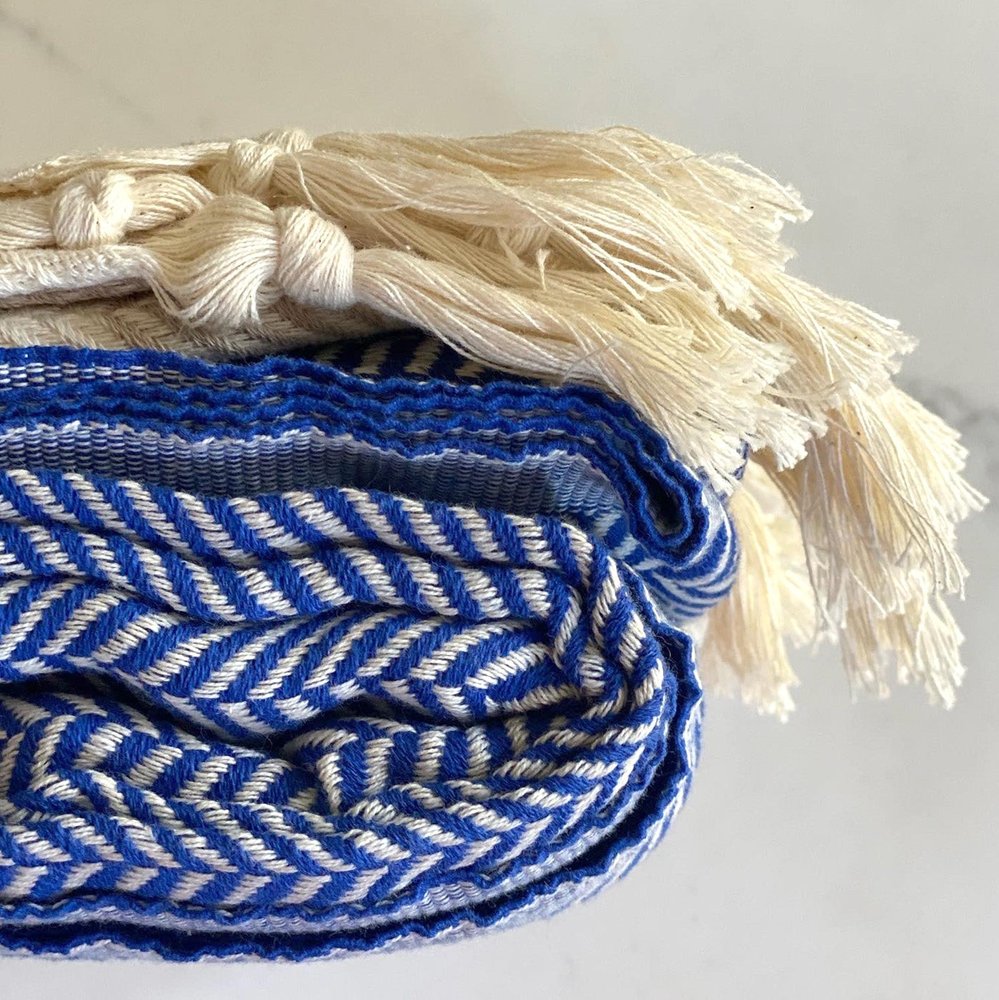 59" X 71" Blue and Beige Cotton Striped Throw Blanket with Tassels