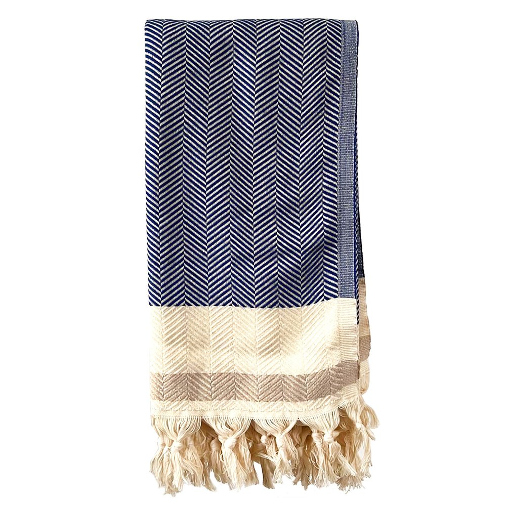59" X 71" Blue and Beige Cotton Striped Throw Blanket with Tassels