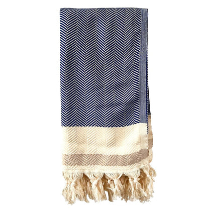 59" X 71" Blue and Beige Cotton Striped Throw Blanket with Tassels