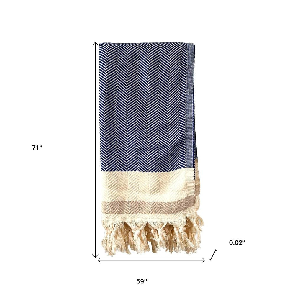 59" X 71" Blue and Beige Cotton Striped Throw Blanket with Tassels