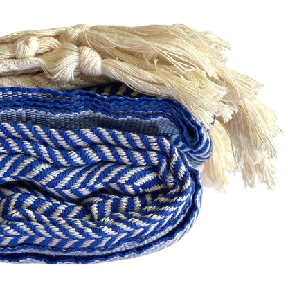 59" X 71" Blue and Beige Cotton Striped Throw Blanket with Tassels