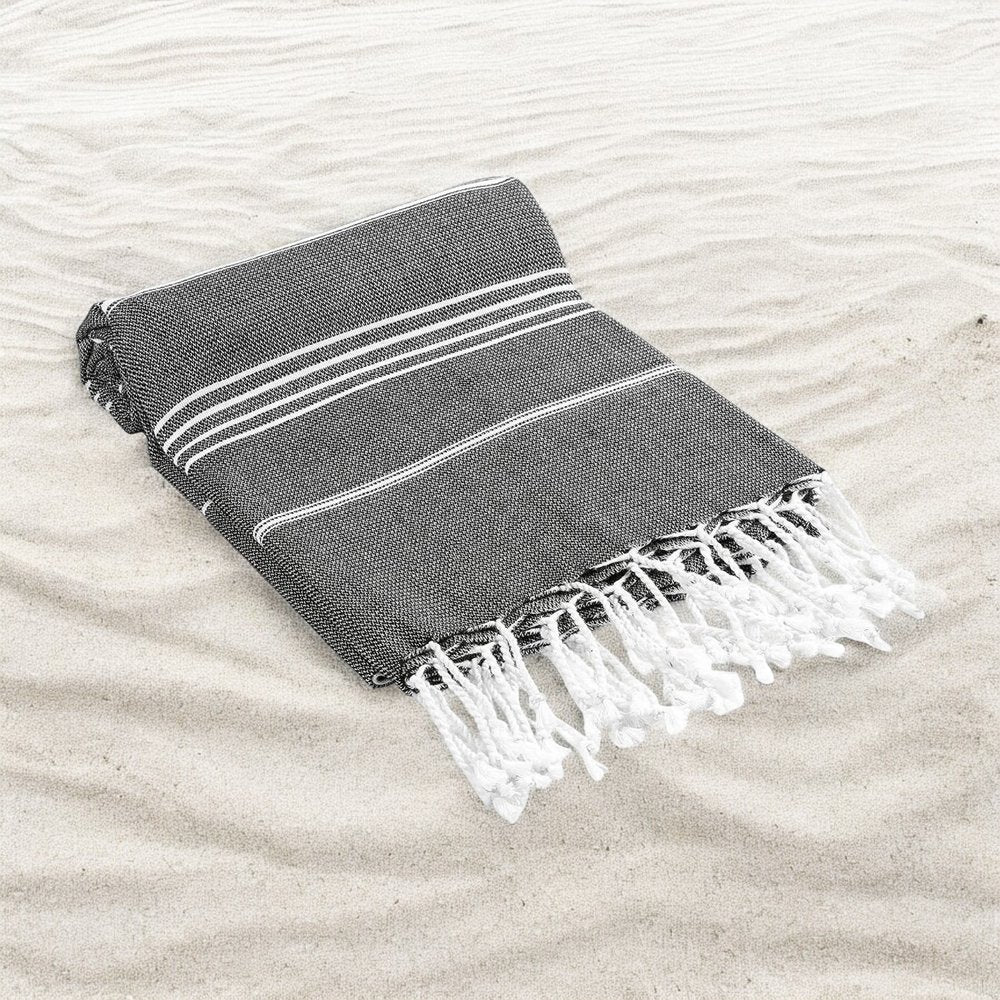39" X 71" White and Black Cotton Turkish Towel Throw Blanket with Tassels