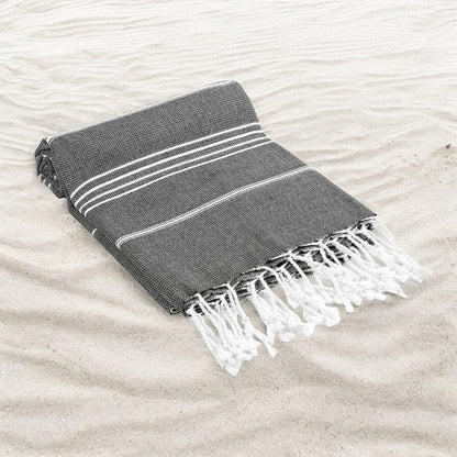 39" X 71" White and Black Cotton Turkish Towel Throw Blanket with Tassels