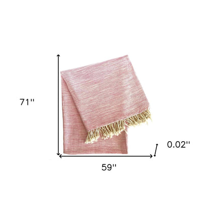 59" X 71" Pink And Ivory Cotton Throw Blanket with Tassels