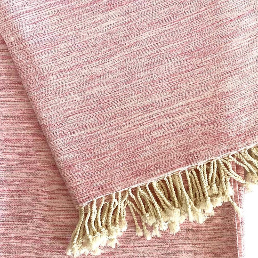 59" X 71" Pink And Ivory Cotton Throw Blanket with Tassels
