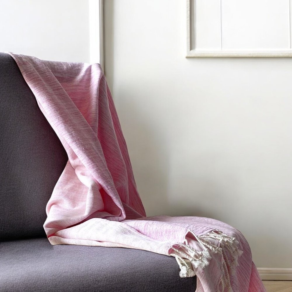 59" X 71" Pink And Ivory Cotton Throw Blanket with Tassels