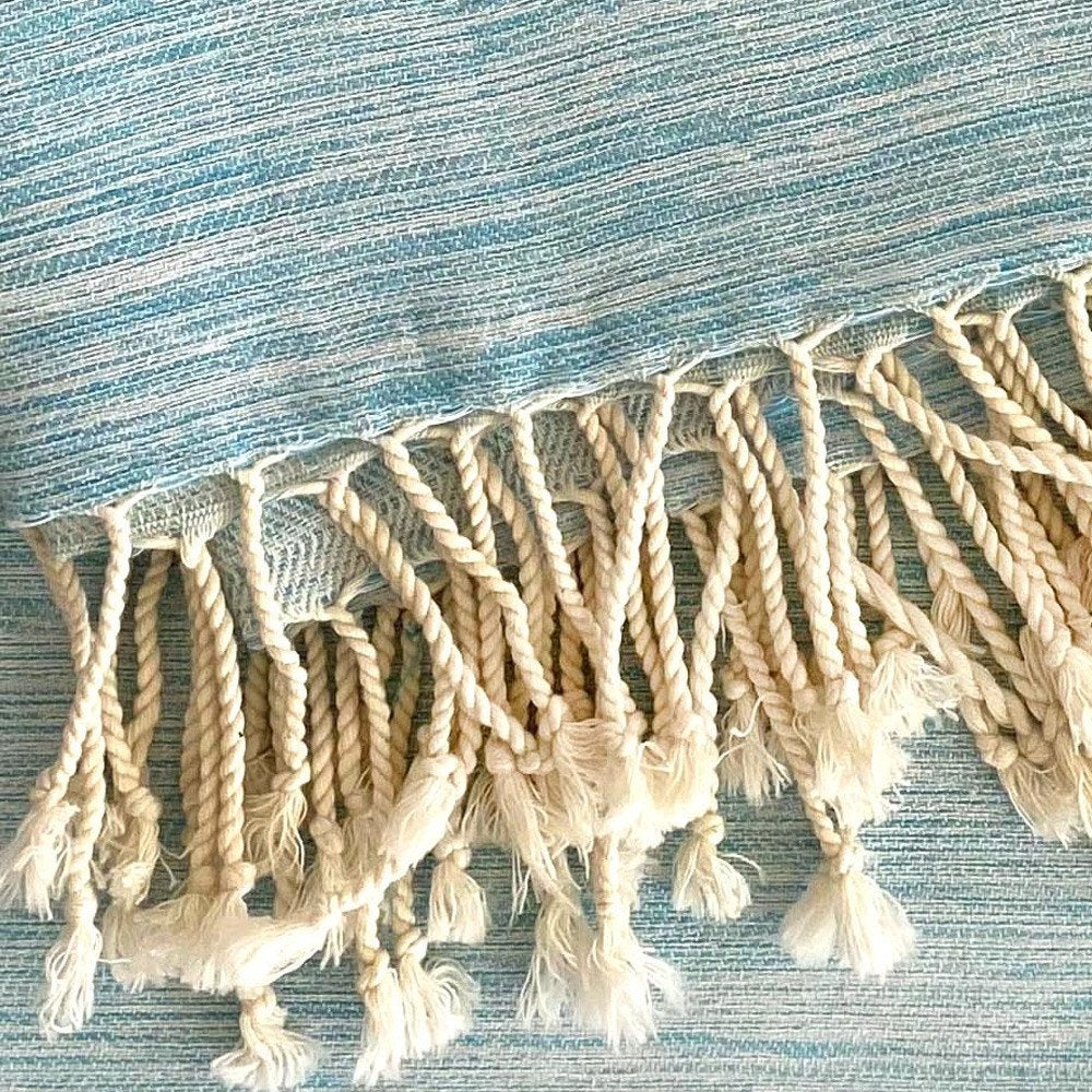 59" X 71" Turquoise Cotton Plain Weave Throw Blanket with Tassels