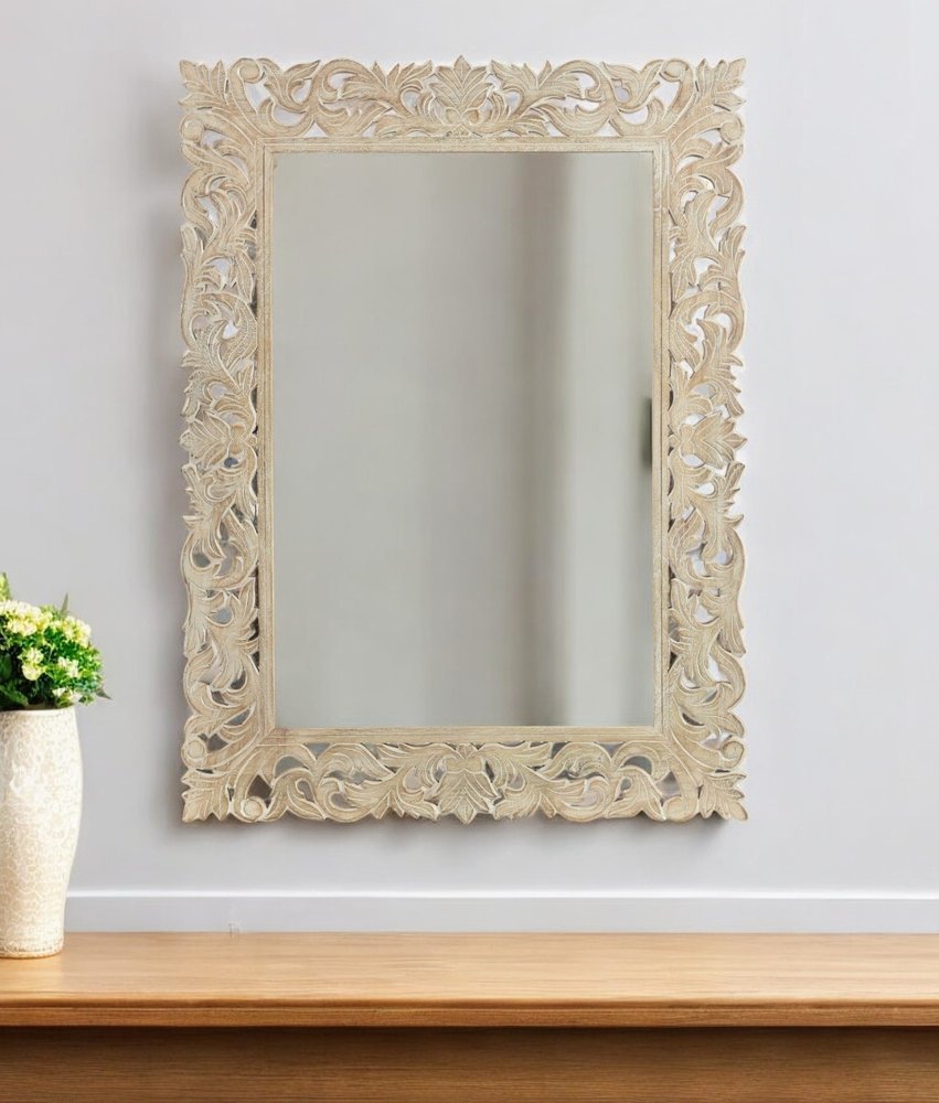 47" Antiqued White Solid Wood Carved Scrollwork Accent Mirror
