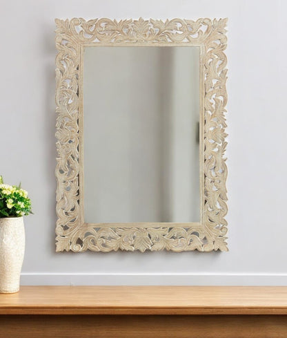 47" Antiqued White Solid Wood Carved Scrollwork Accent Mirror
