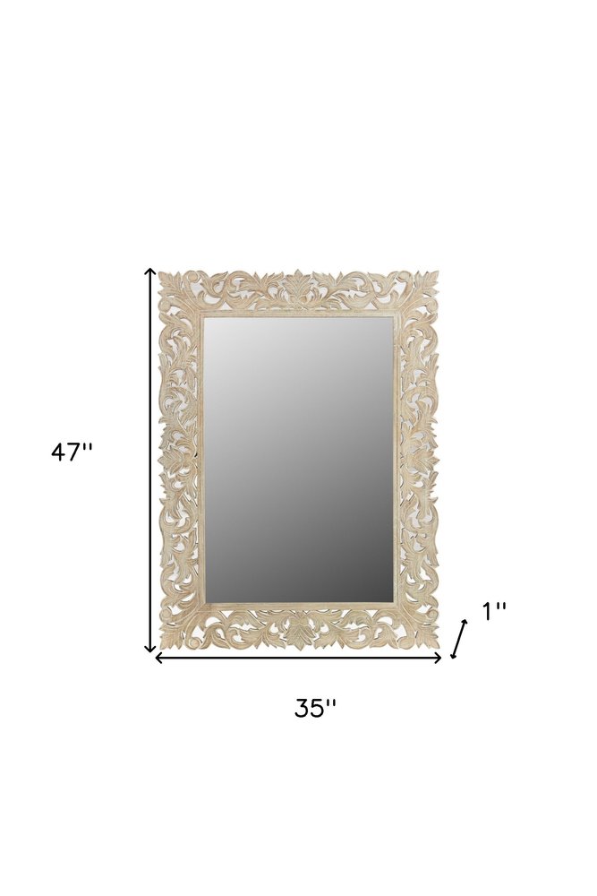 47" Antiqued White Solid Wood Carved Scrollwork Accent Mirror