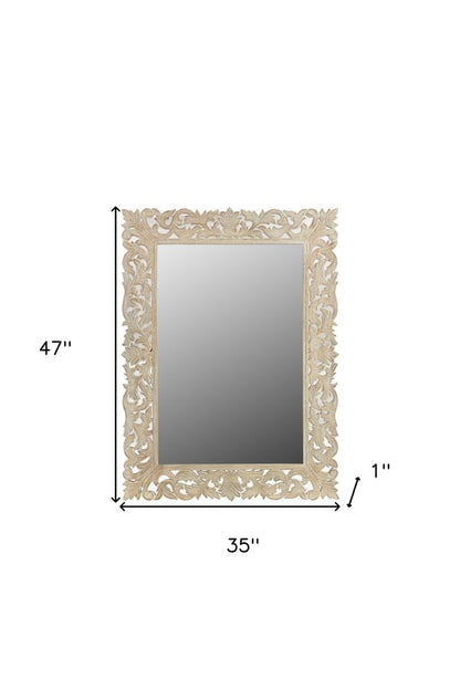 47" Antiqued White Solid Wood Carved Scrollwork Accent Mirror