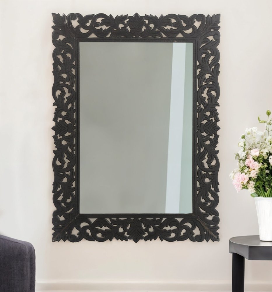 47" Black  Floral Carved Solid Wood Framed Accent Mirror