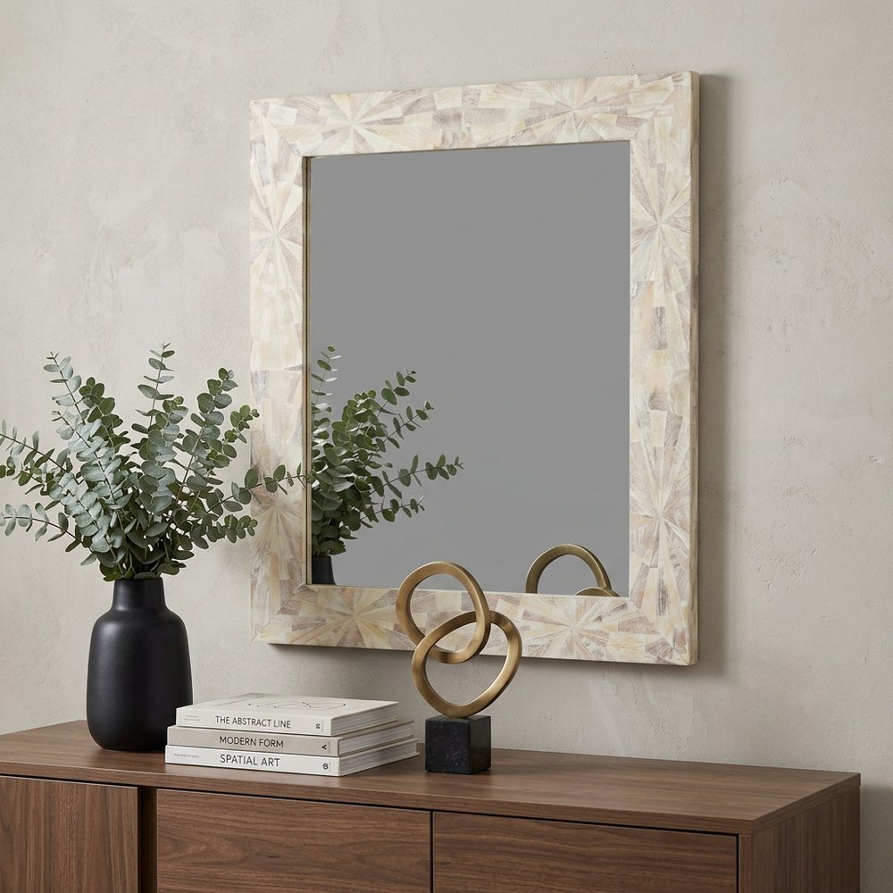 46" White Solid Wood Geometric Starburst Framed Accent Mirror