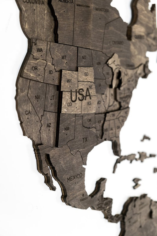 47" X 79" Dark Brown Wood World Map Hanging Dimensional Sculpture