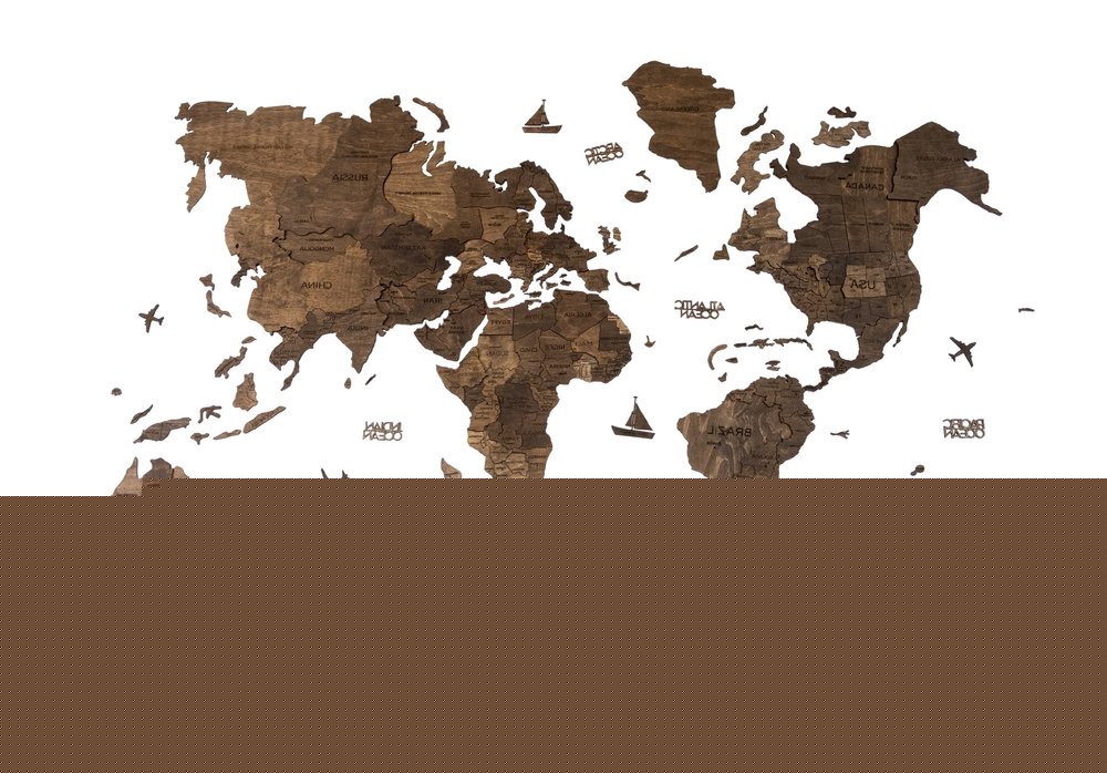 47" X 79" Dark Brown Wood World Map Hanging Dimensional Sculpture