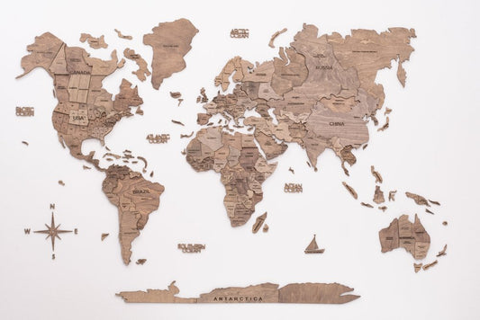 47" X 79" Brown World Map Hanging Dimensional Sculpture