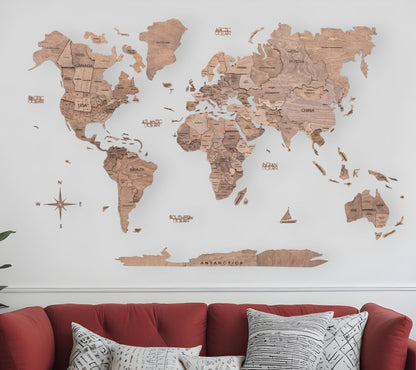 47" X 79" Wood Brown Wood World Map Hanging Dimensional Sculpture