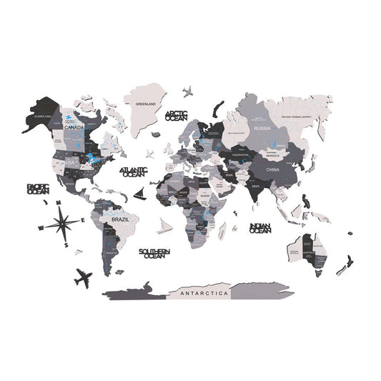 47" X 79" Black Gray and White Wood World Map Hanging Dimensional Sculpture