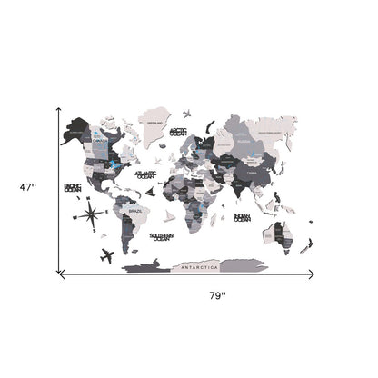 47" X 79" Black Gray and White Wood World Map Hanging Dimensional Sculpture