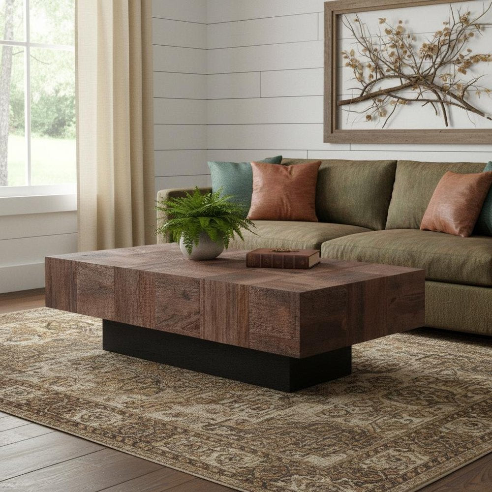 59" Dark Brown and Black Solid Wood Block Coffee Table