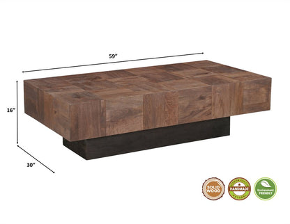 59" Dark Brown and Black Solid Wood Block Coffee Table