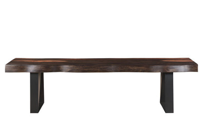 68" Dark Brown And Black Steel And Solid Wood Live Edge Dining Bench