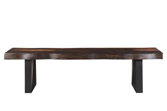 68" Dark Brown And Black Steel And Solid Wood Live Edge Dining Bench