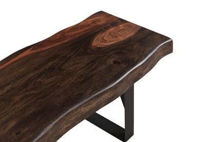 68" Dark Brown And Black Steel And Solid Wood Live Edge Dining Bench