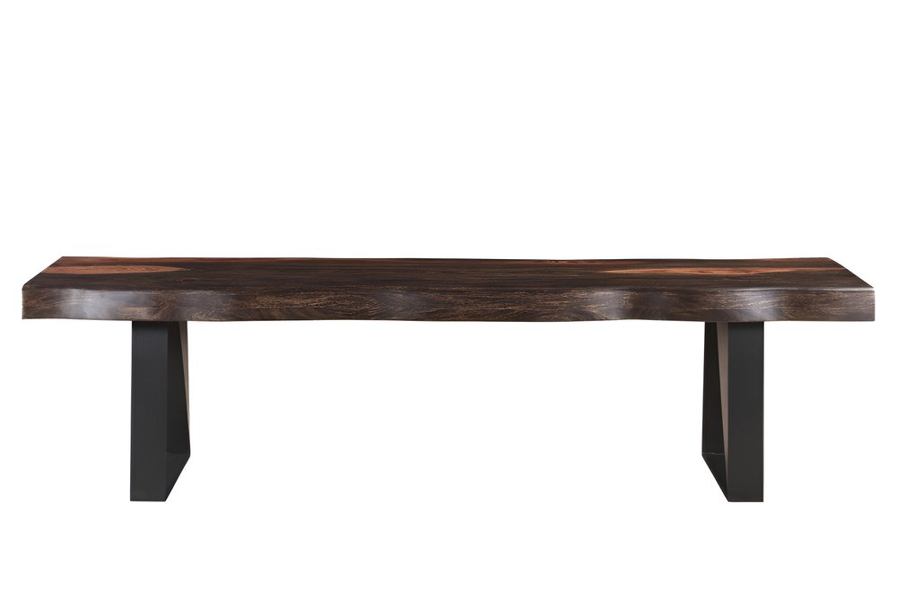 68" Dark Brown And Black Steel And Solid Wood Live Edge Dining Bench