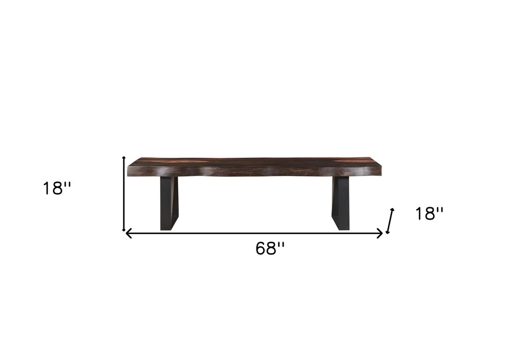 68" Dark Brown And Black Steel And Solid Wood Live Edge Dining Bench
