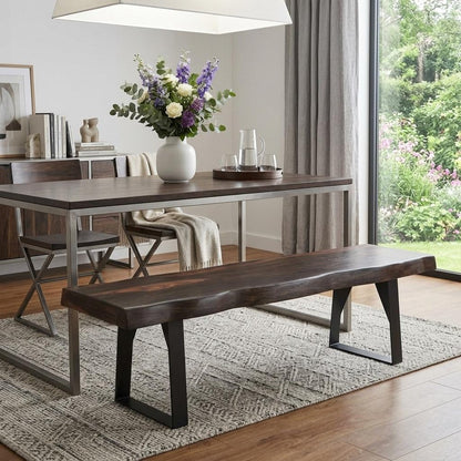 68" Dark Brown And Black Steel And Solid Wood Live Edge Dining Bench