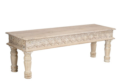 58" White Floral Distressed Wood And Solid Wood Dining Bench