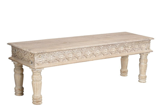 58" White Floral Distressed Wood And Solid Wood Dining Bench