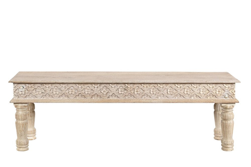 58" White Floral Distressed Wood And Solid Wood Dining Bench