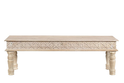 58" White Floral Distressed Wood And Solid Wood Dining Bench