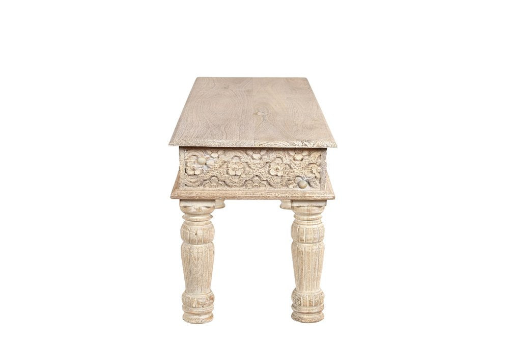 58" White Floral Distressed Wood And Solid Wood Dining Bench