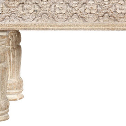 58" White Floral Distressed Wood And Solid Wood Dining Bench