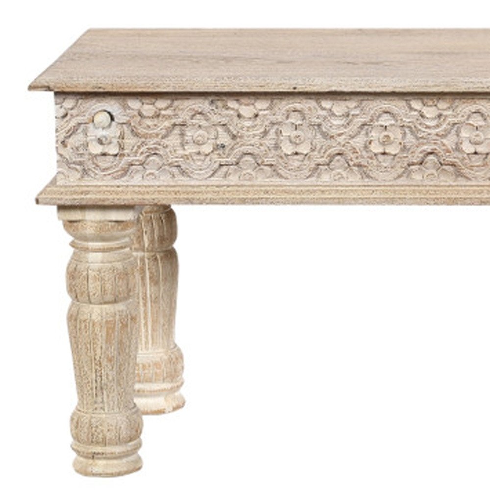 58" White Floral Distressed Wood And Solid Wood Dining Bench