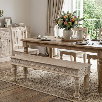 58" White Floral Distressed Wood And Solid Wood Dining Bench