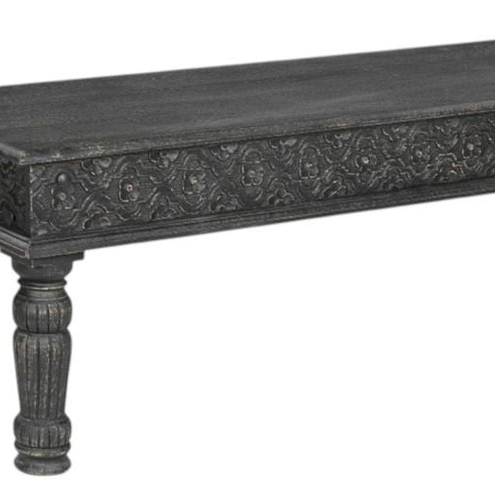58" Black Floral Distressed Wood And Solid Wood Dining Bench