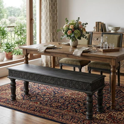 58" Black Floral Distressed Wood And Solid Wood Dining Bench