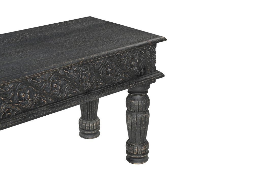 58" Black Floral Distressed Wood And Solid Wood Dining Bench