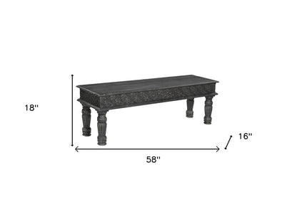 58" Black Floral Distressed Wood And Solid Wood Dining Bench