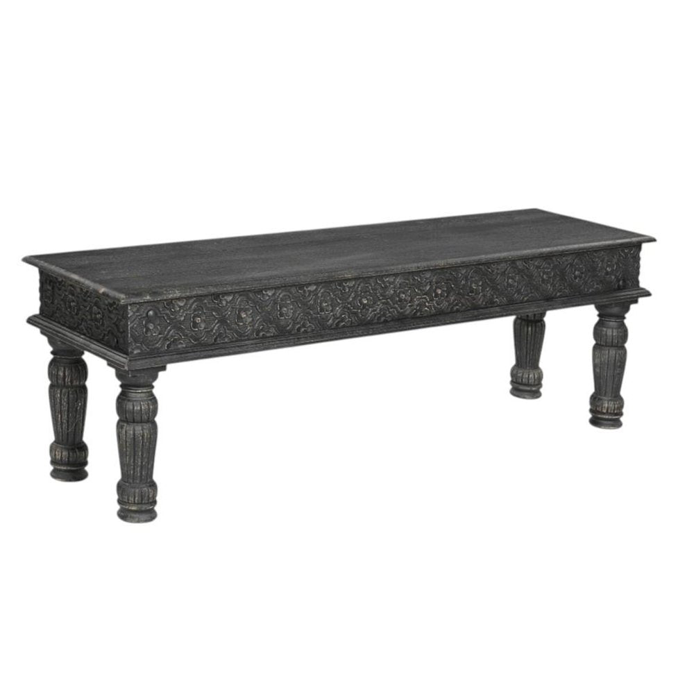 58" Black Floral Distressed Wood And Solid Wood Dining Bench