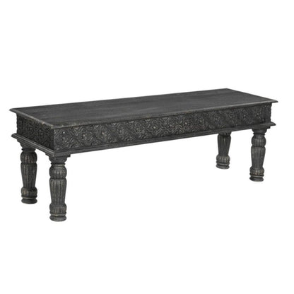 58" Black Floral Distressed Wood And Solid Wood Dining Bench