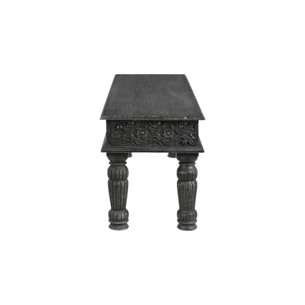 58" Black Floral Distressed Wood And Solid Wood Dining Bench
